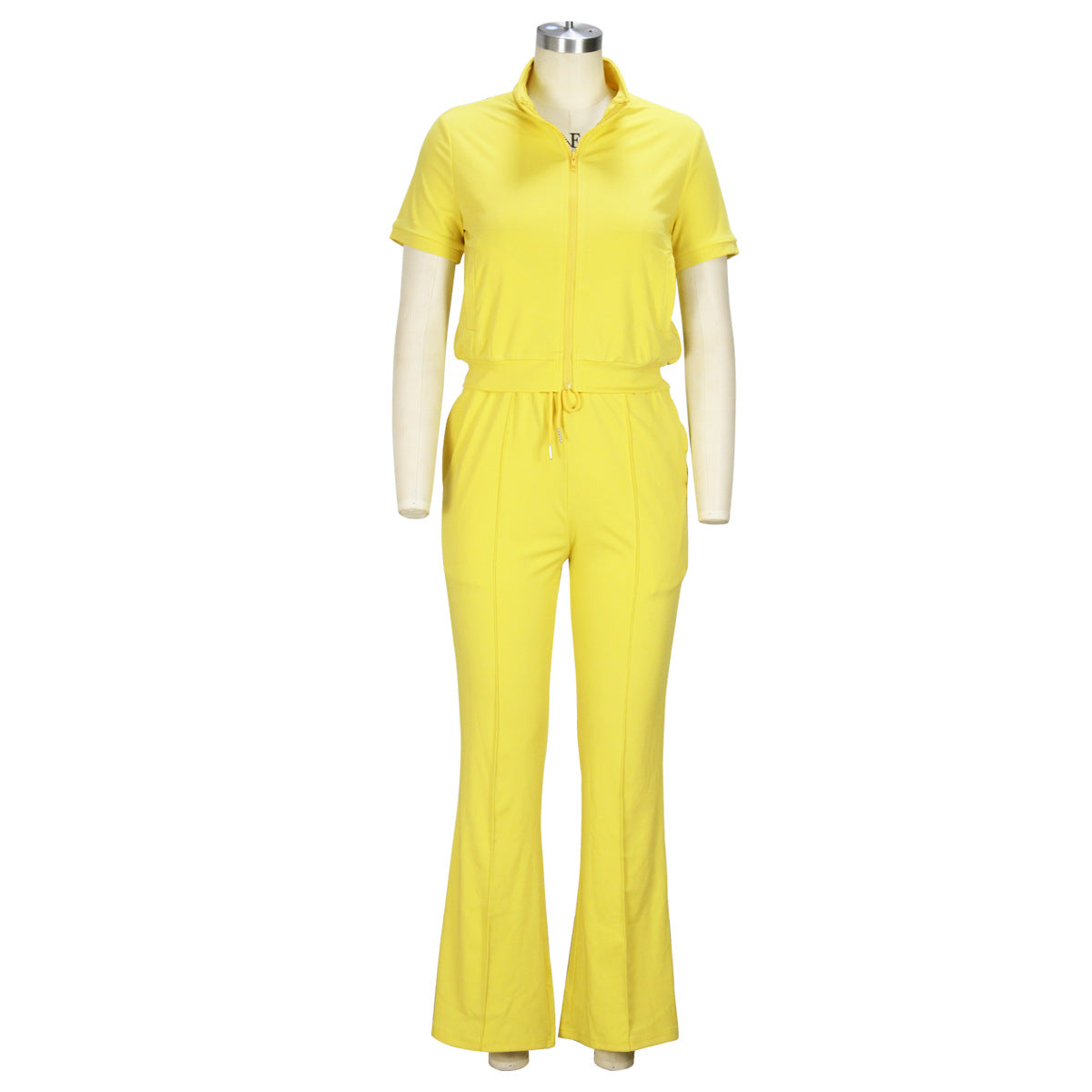 Women'S Spring Summer Short Sleeve Zip Top Bell Bottom Pants Casual Two-Piece Set 18