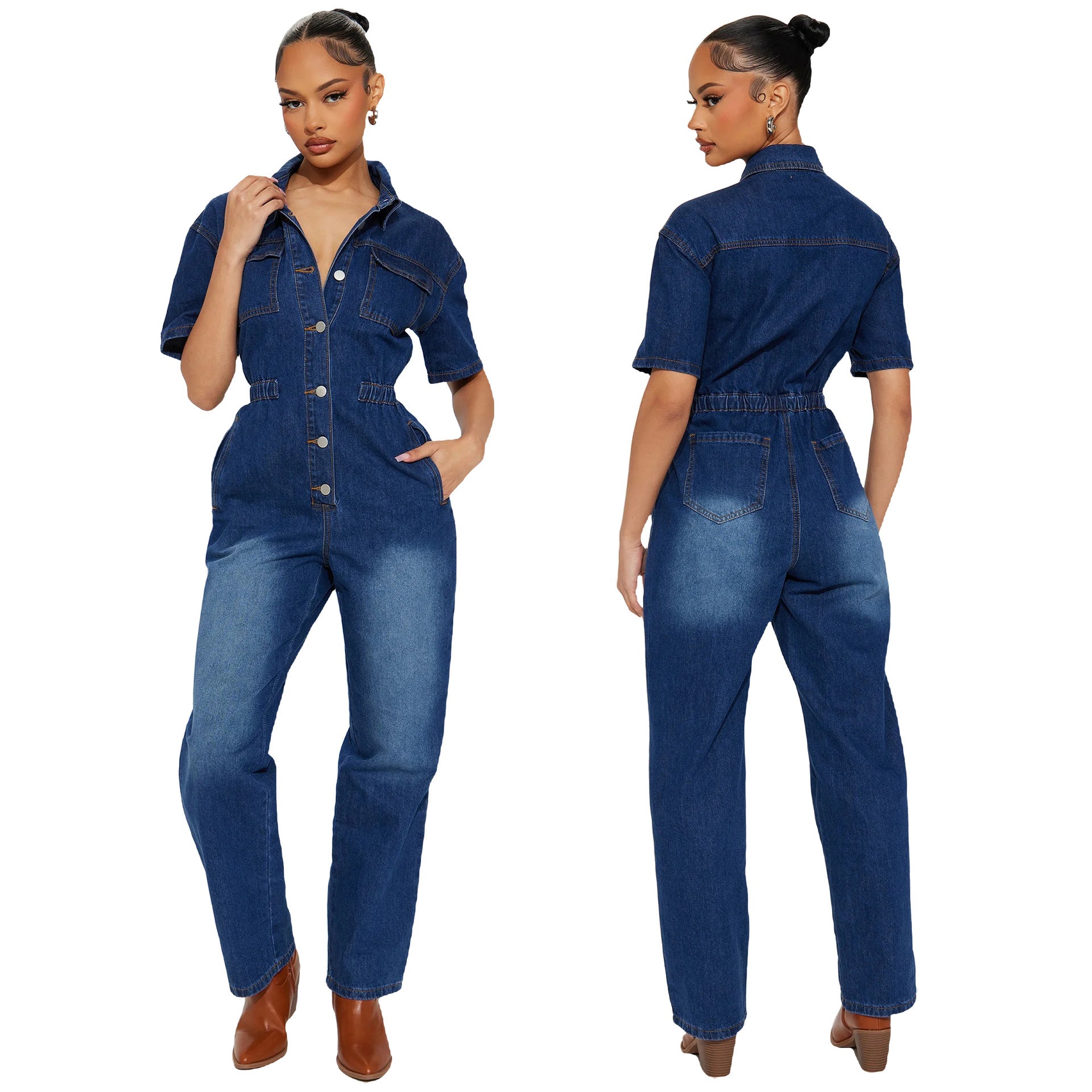 Casual Short Sleeve Button Elastic Denim Jumpsuit 4