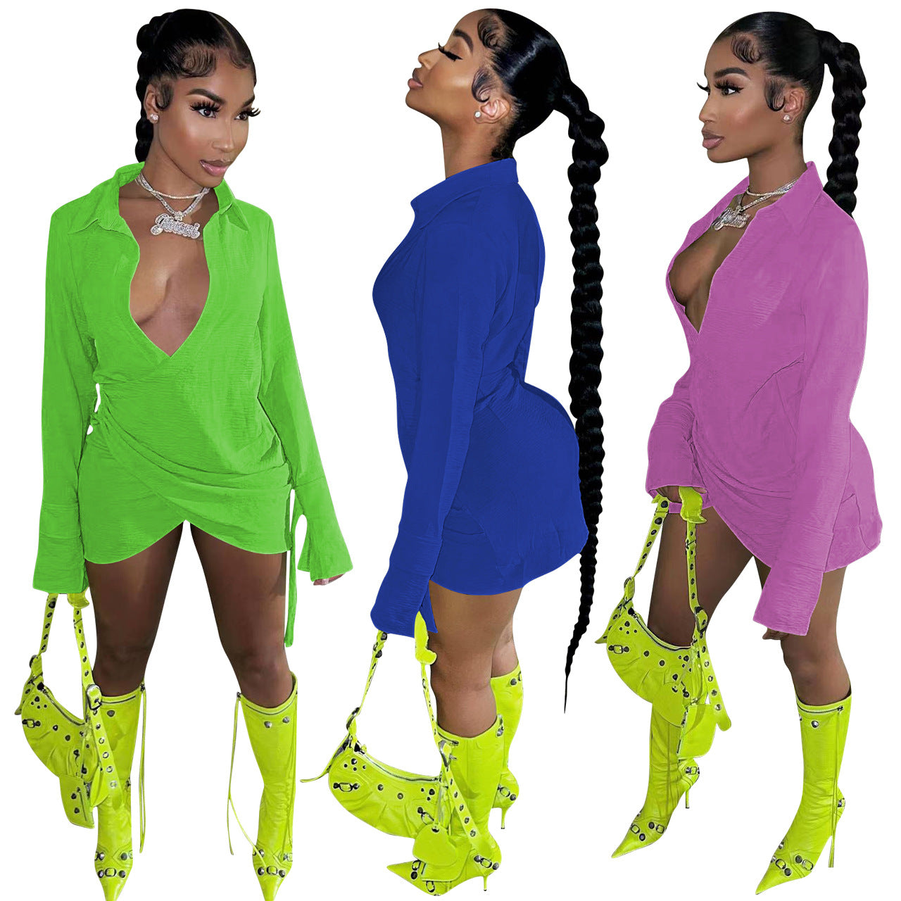 Ladies Fashion Cross Solid Shirt Dress 8