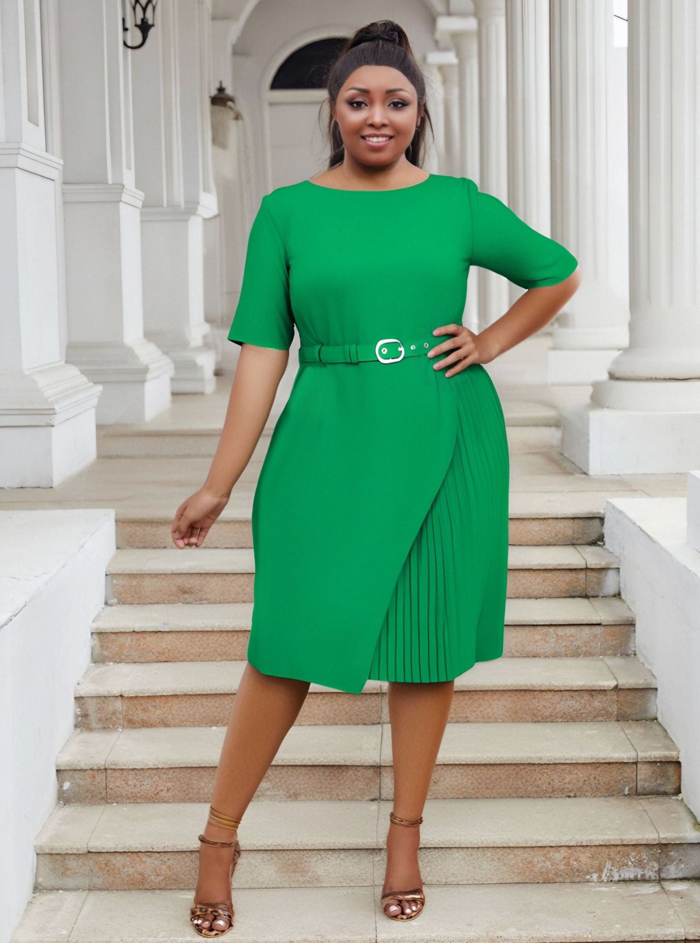 Plus Size Women Casual Patchwork Pleated Elegant Dress 10