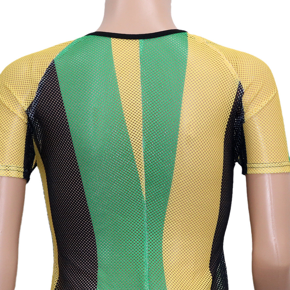 Women's summer short-sleeved striped color-block slit dress 18