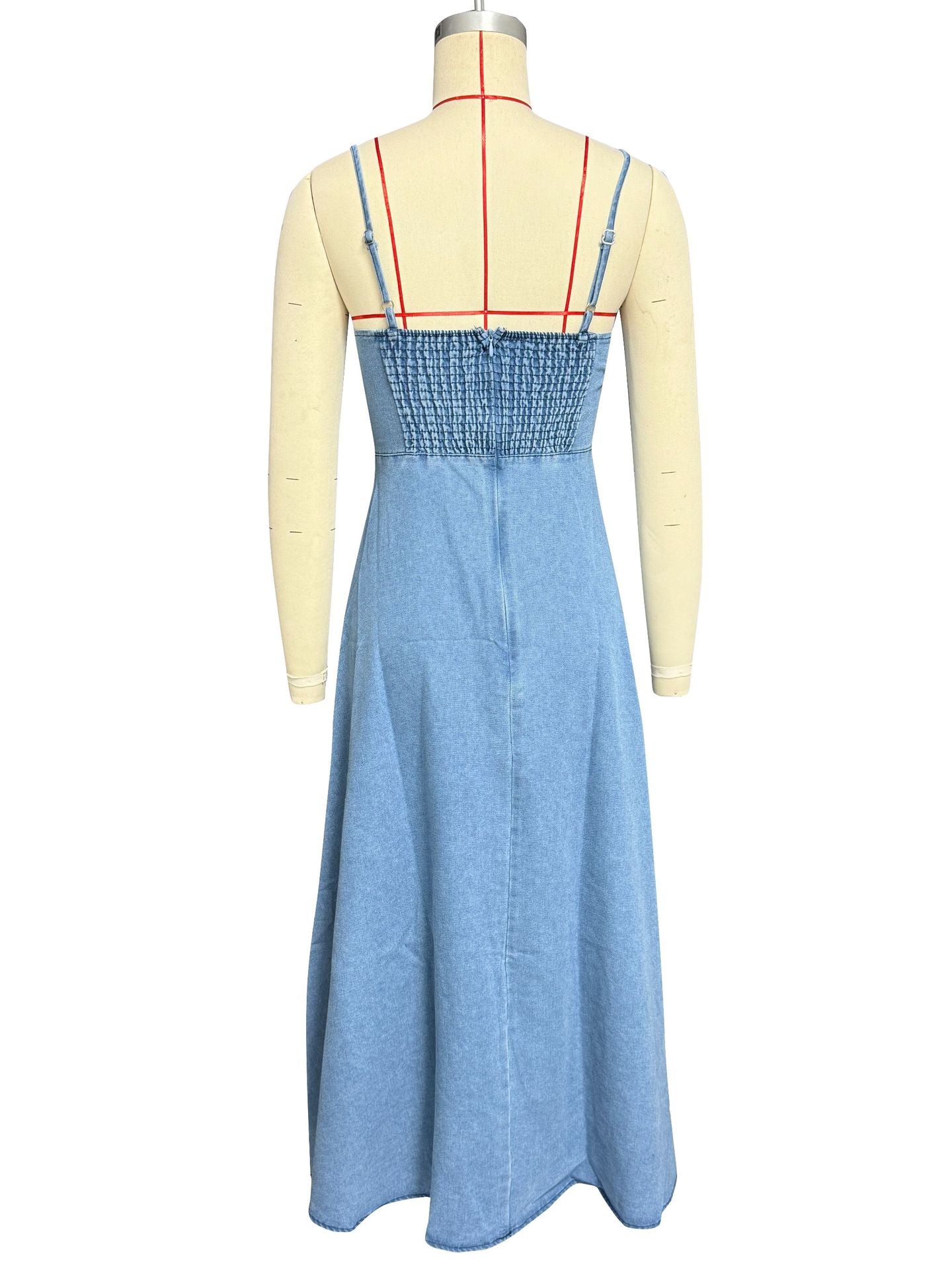 Spring Summer Strap V Neck Denim Long Dress 6