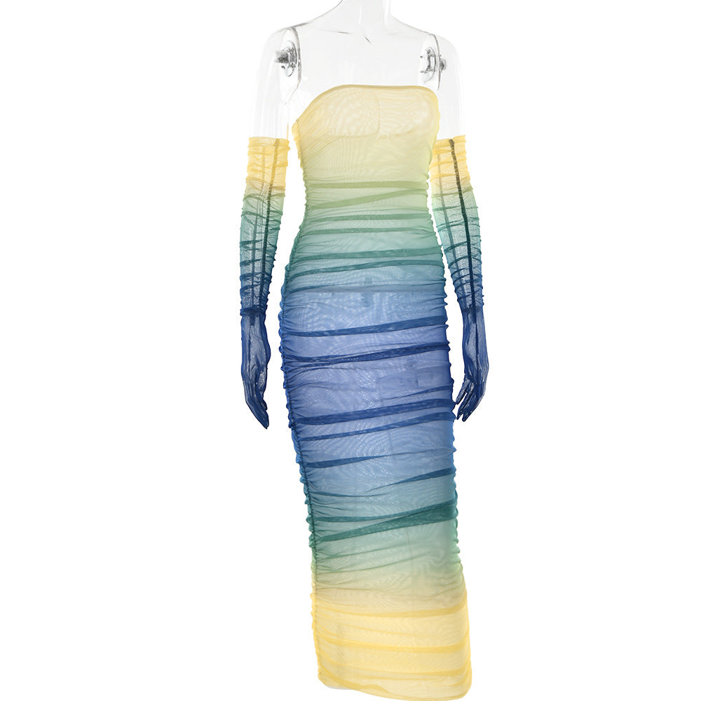 Women Mesh Gradient Off Shoulder Strapless Backless Dress 20