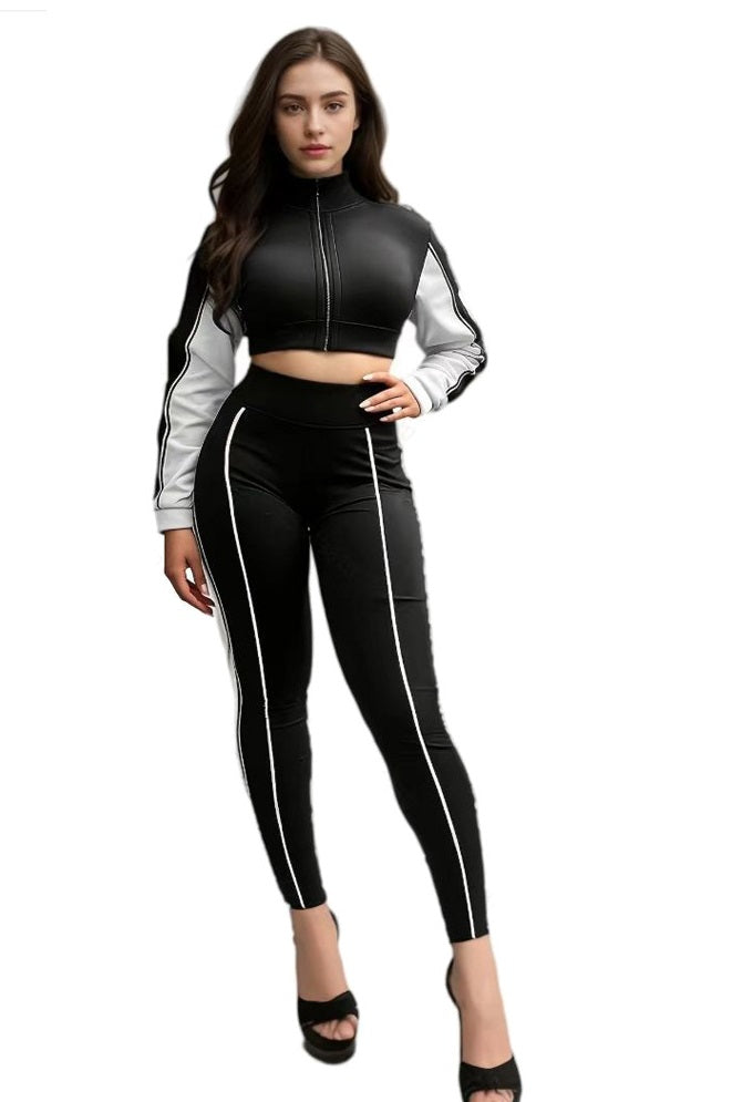 Fashionable Contrast Crop Sports Casual Two Piece Pants Set