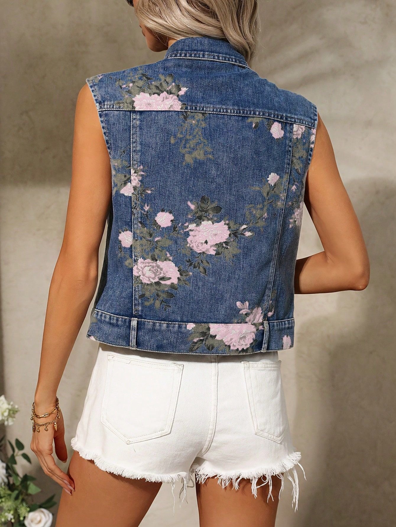 Women Summer Casual Floral Print Denim Vest Jacket 3