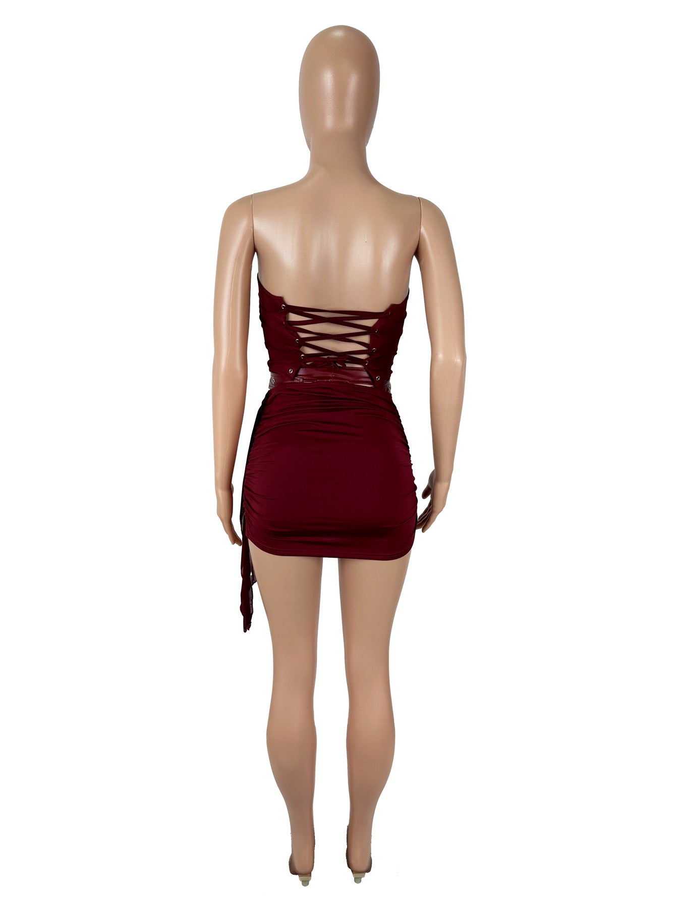 Women Sexy Pu-Leater Lace-Up Strapless Top and Skirt Two-piece Set 10