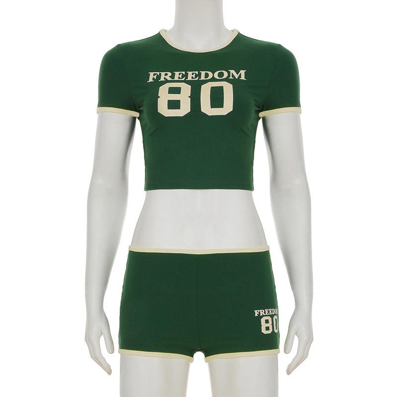 Women Sports Digital Print Contrast Short Sleeve Crop T-shirt and Shorts Casual Two-piece Set 6