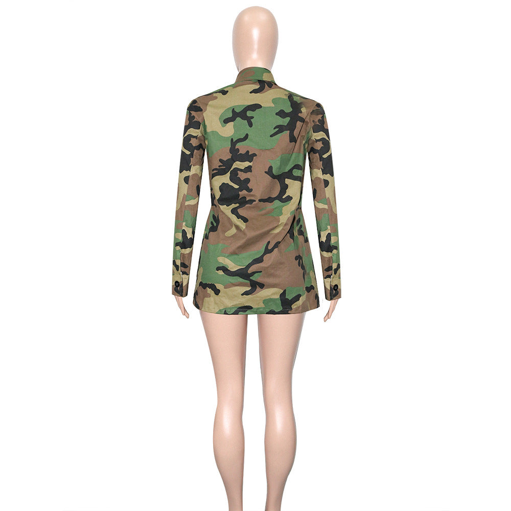 Women Casual Camouflage Print Oversized Turndown Collar Jacket 9