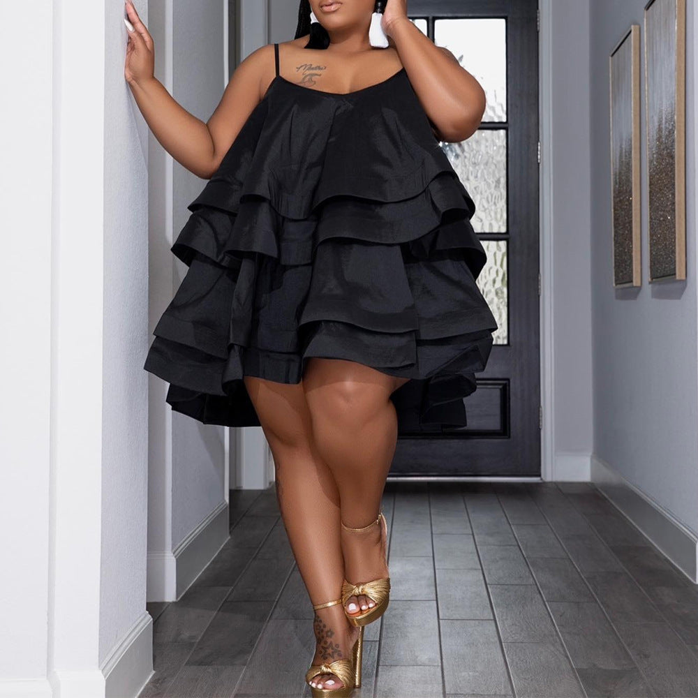 Plus Size Women Suspenders Cascading Ruffles Dress 3