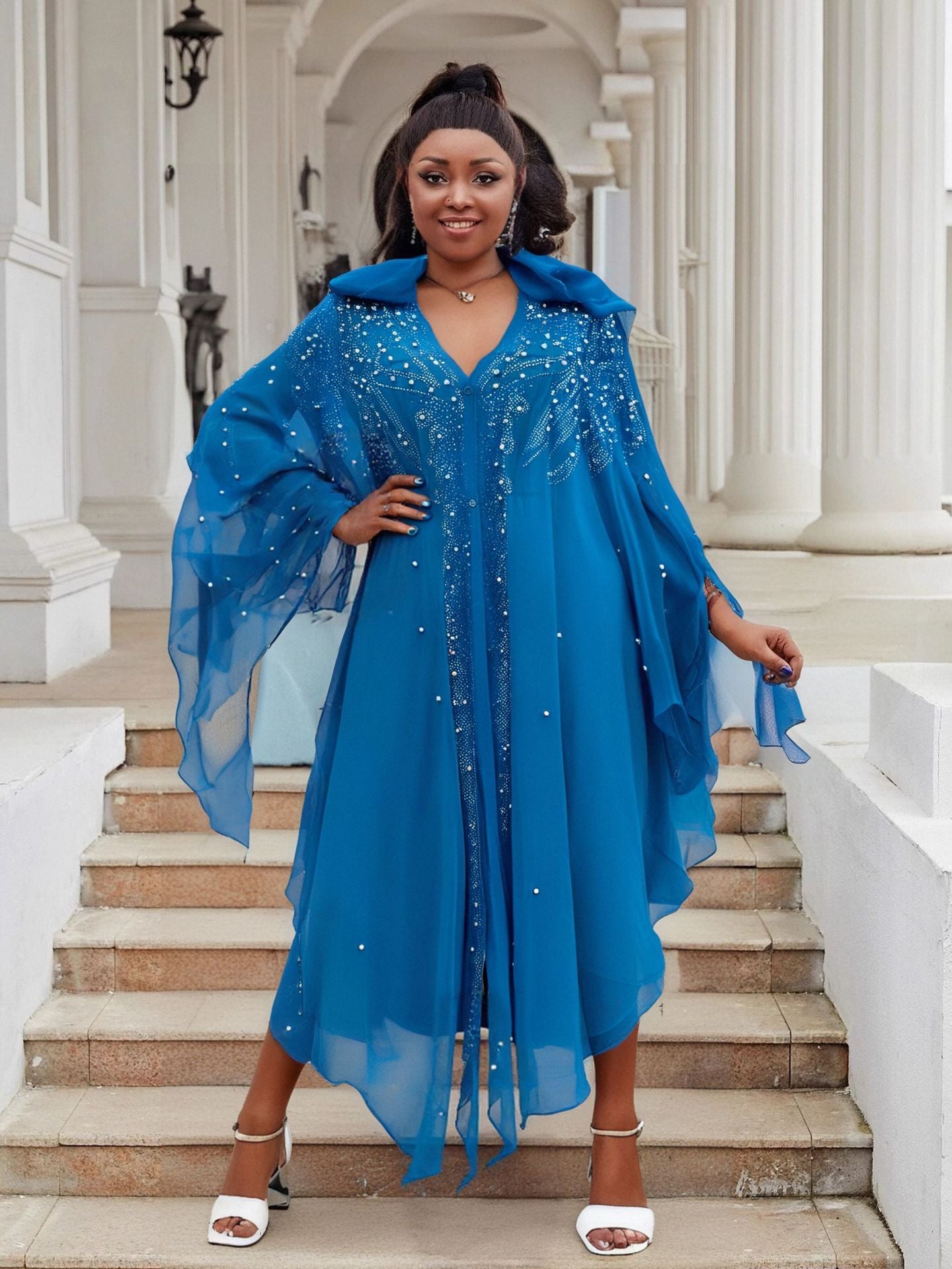 Women Bat Sleeves See-Through Mesh Beaded Beaded Cape Hooded Cape Dress 12