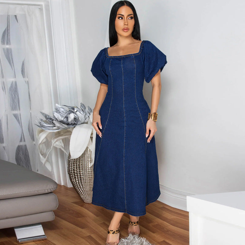 Women Denim U-Neck Short Sleeve Dress 3