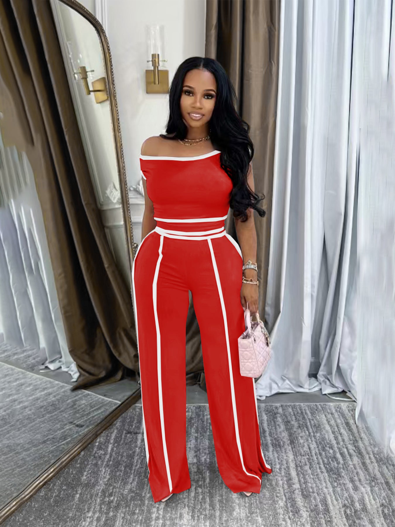 Women Summer Casual Off Shoulder Top and Long Pants Two Piece Set 5