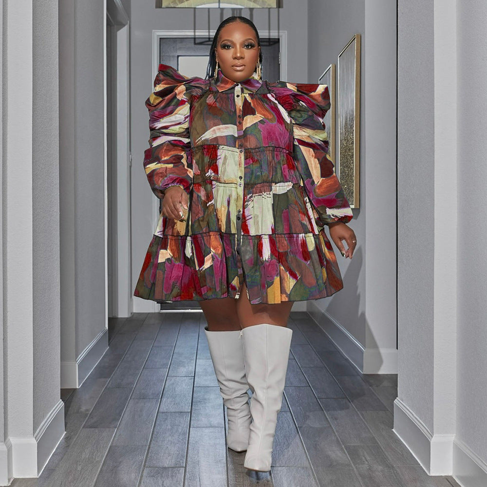 Plus Size Women's Fashion Print Ruffle Button Shirt Dress 11