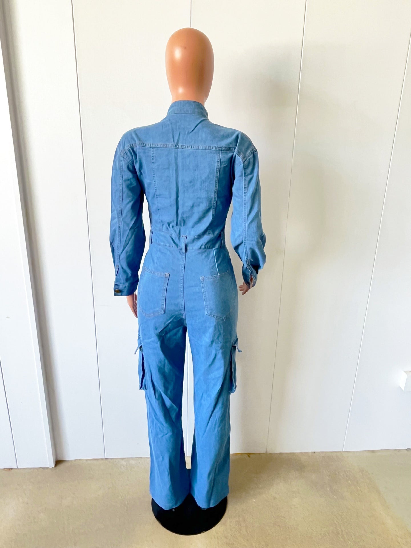 Spring Long Sleeve Pocket Washed Denim Cargo Jumpsuit 10