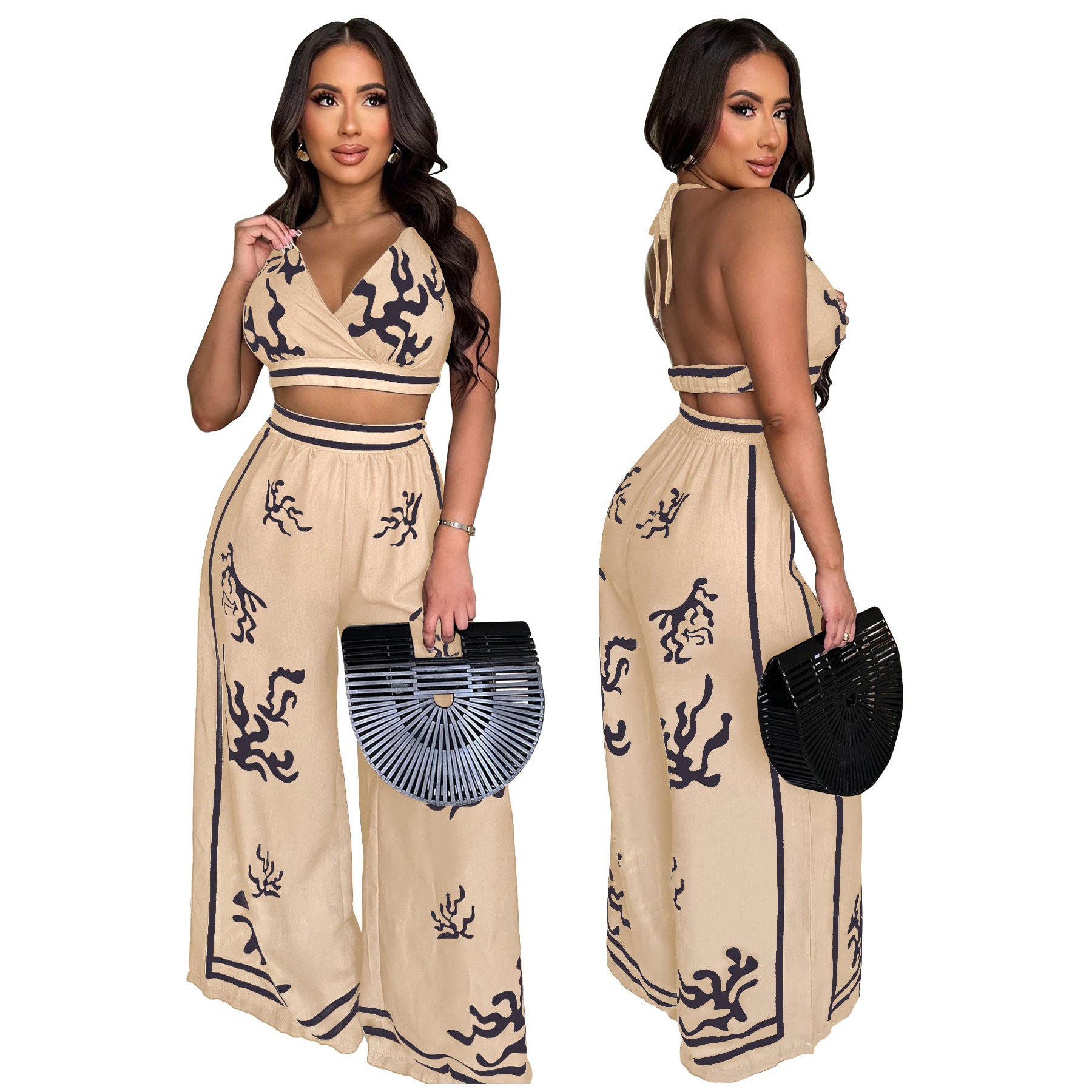 Summer Sexy Print Halter V Neck Vest Wide Leg Pants Two Piece Set 4