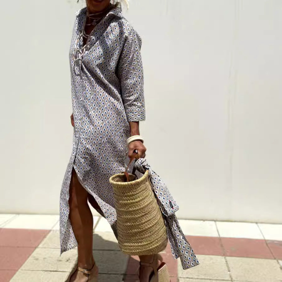 Women Autumn Half Sleeve Striped Shirt Dress 8