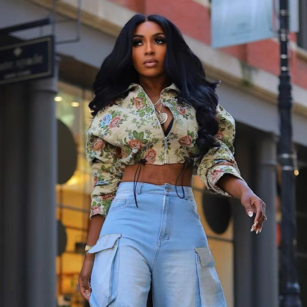 Autumn Crop Drawstring Flower Jacquard Long-Sleeved Women Jacket 6