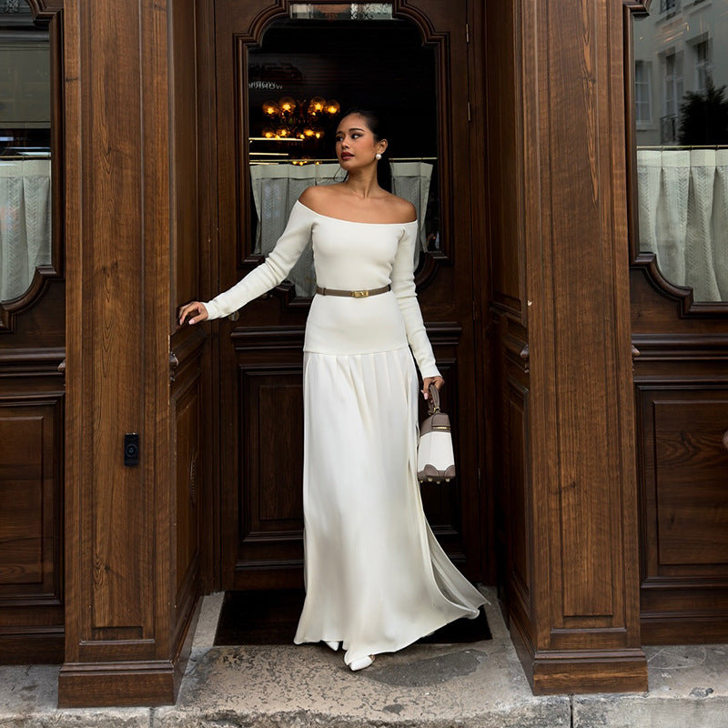 Spring Solid Color Off Shoulder Long Sleeve Slim Patchwork Long Dress 5