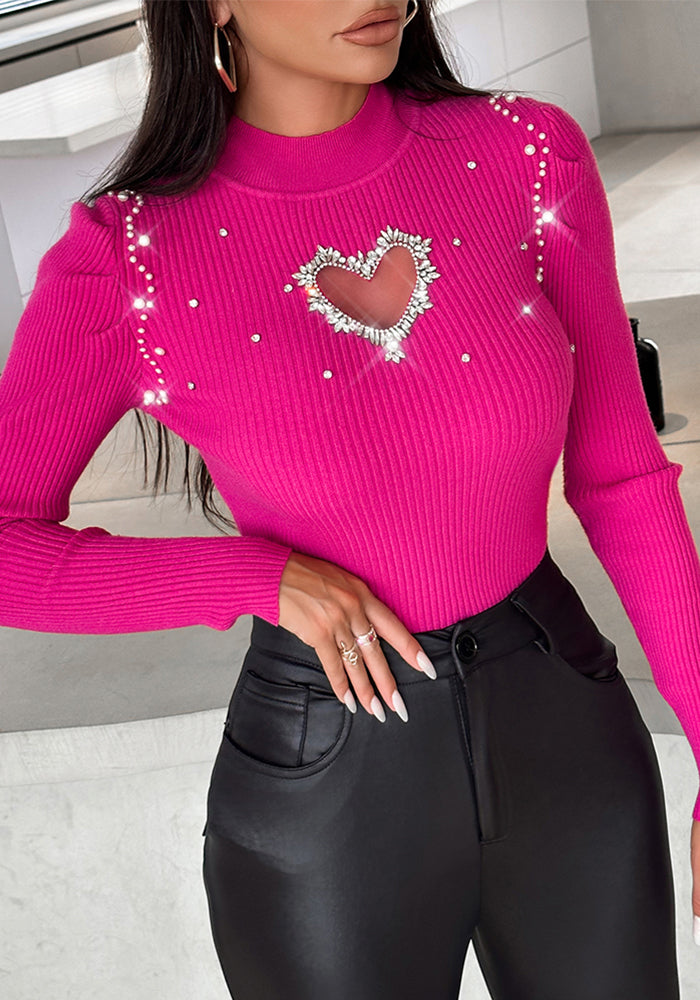 Women Hot drill Heart Print Hollow Sweater