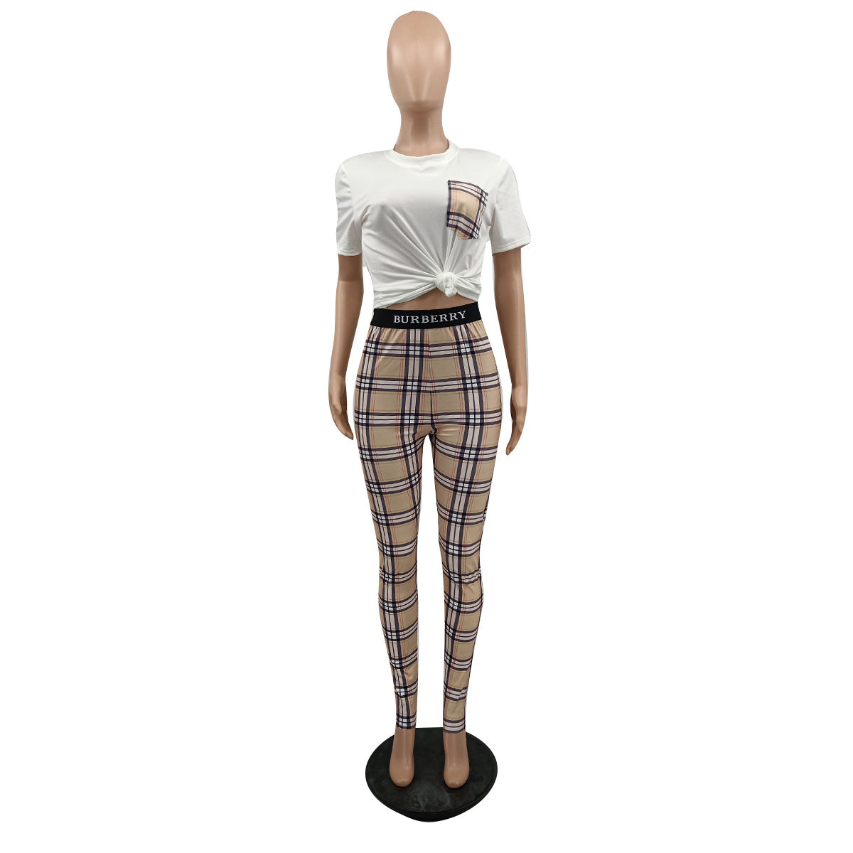Women's Fashion Casual Striped Checkered Patchwork Pocket Two-Piece Pants Set 5