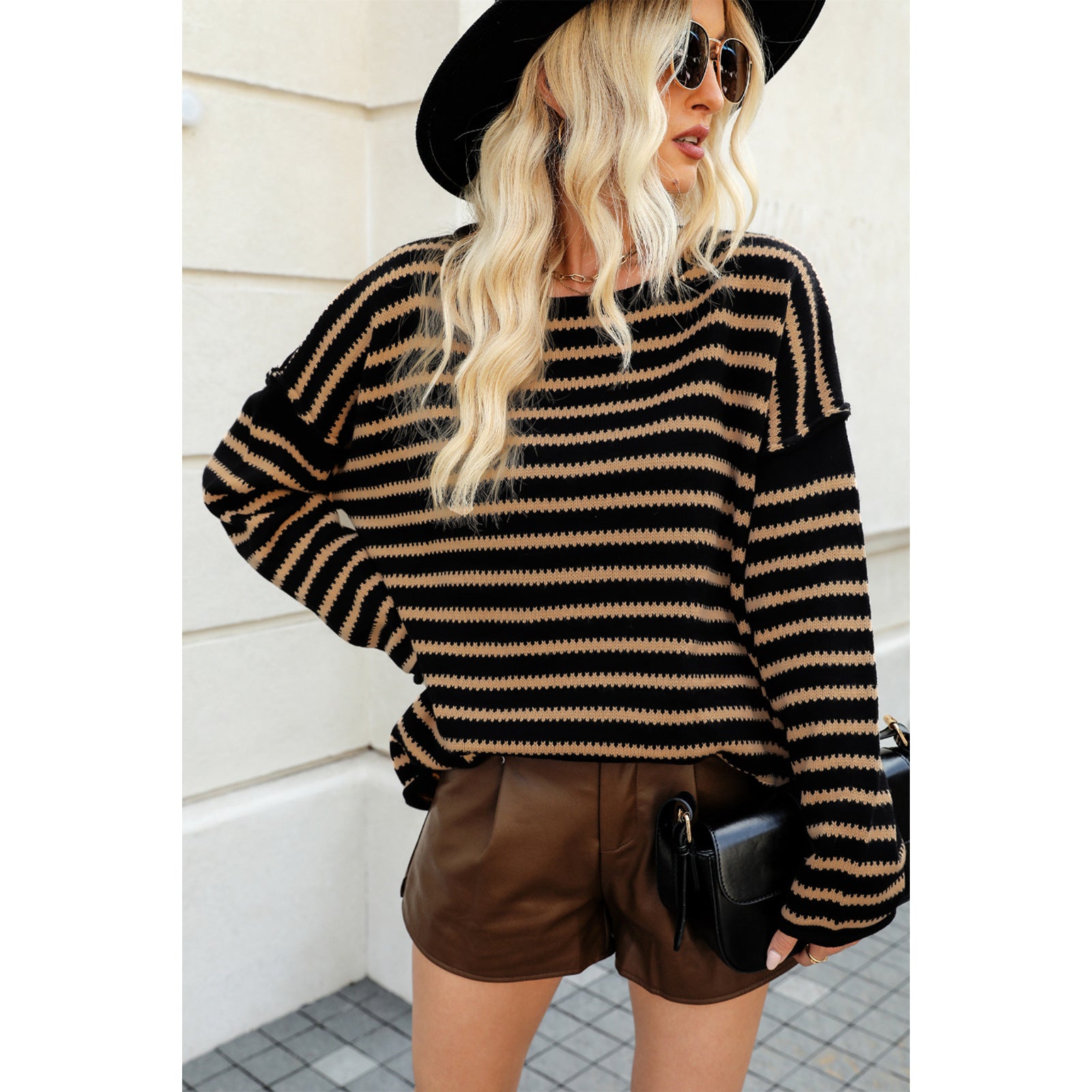 Women Striped Knitting Loose Bat Long Sleeve Sweater 5