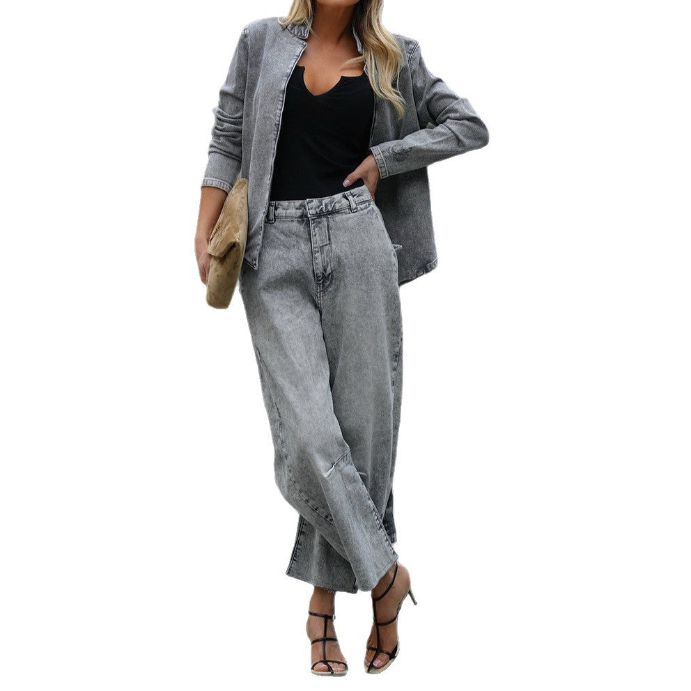 Women's Street Fashion Casual Slim Denim Blazer Pants Set 5