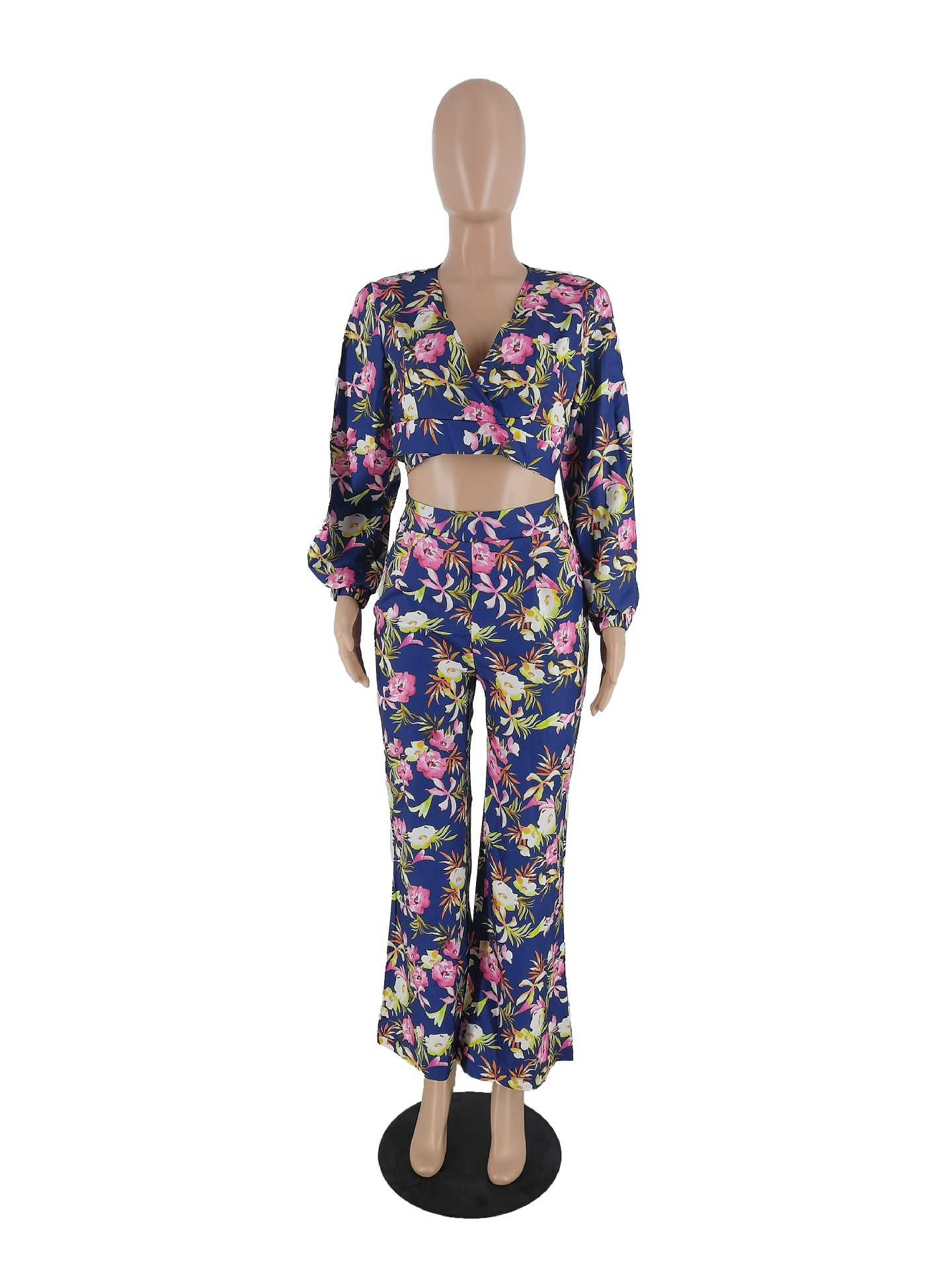 Women's Spring Floral Printed V-Neck Two-Piece Pants Set 9