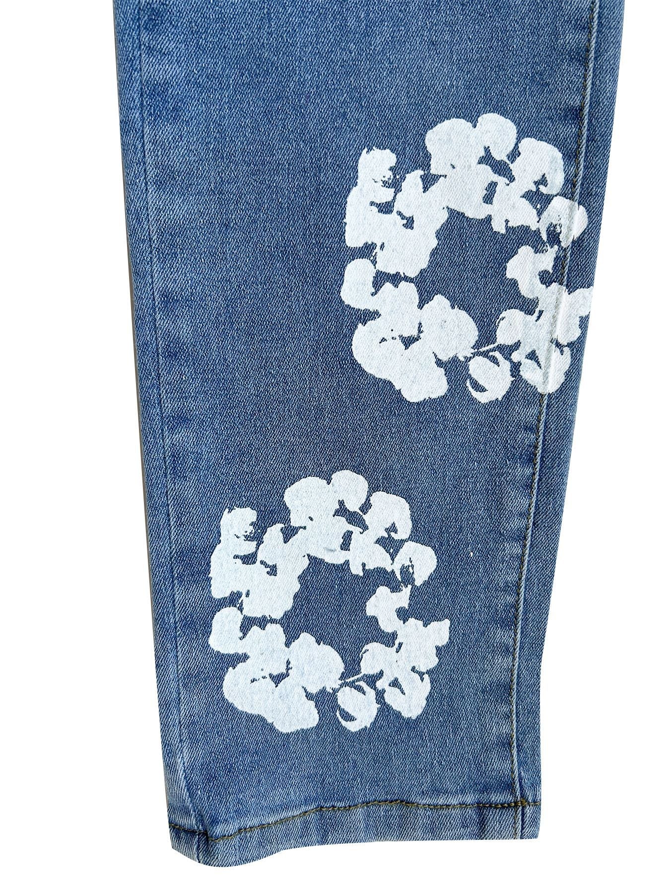 Women's Fashion Stretch Denim Fabric Flower Print Denim Trousers 16
