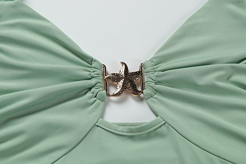 Women's Summer Sexy Solid Color Lace-up Halter Low-Back Metal Decoration Two Piece Skirt Set 6