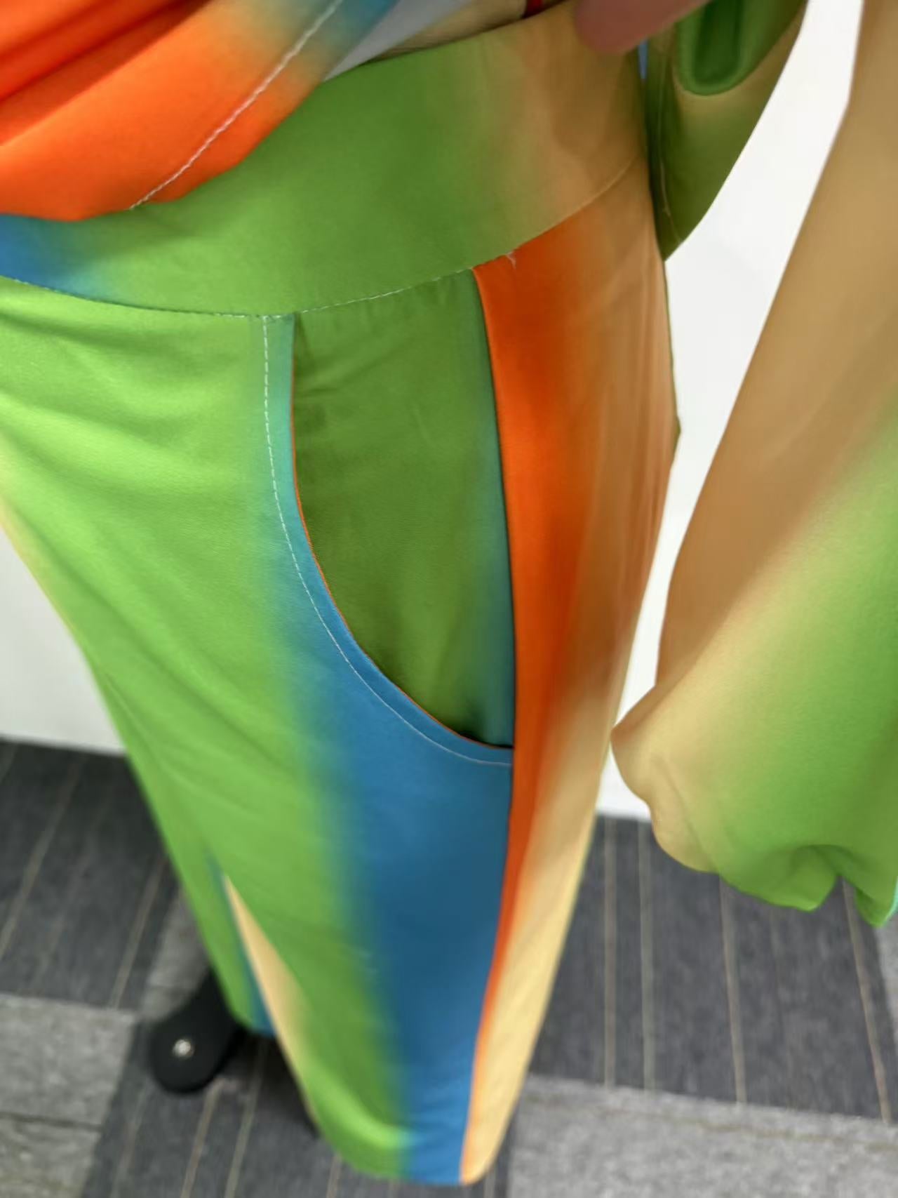 Women lantern sleeves Print swing collar top and wide-leg pants Two Piece Set 6