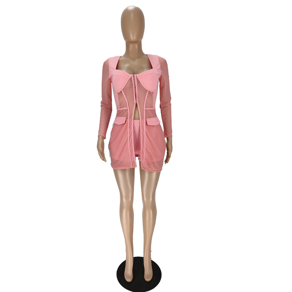 Women Mesh See-Through Patchwork Zipper Top and Shorts Two-piece Set 17