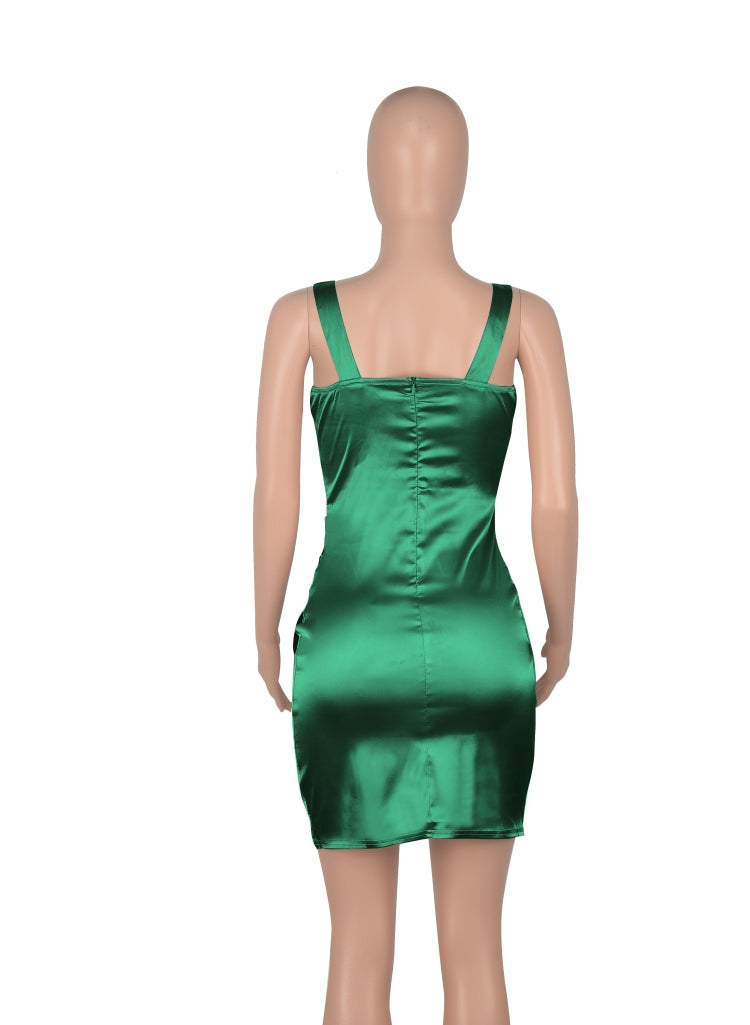Women Summer Green Sexy V-neck Sleeveless Solid color Satin Mini Bodycon Dress 4