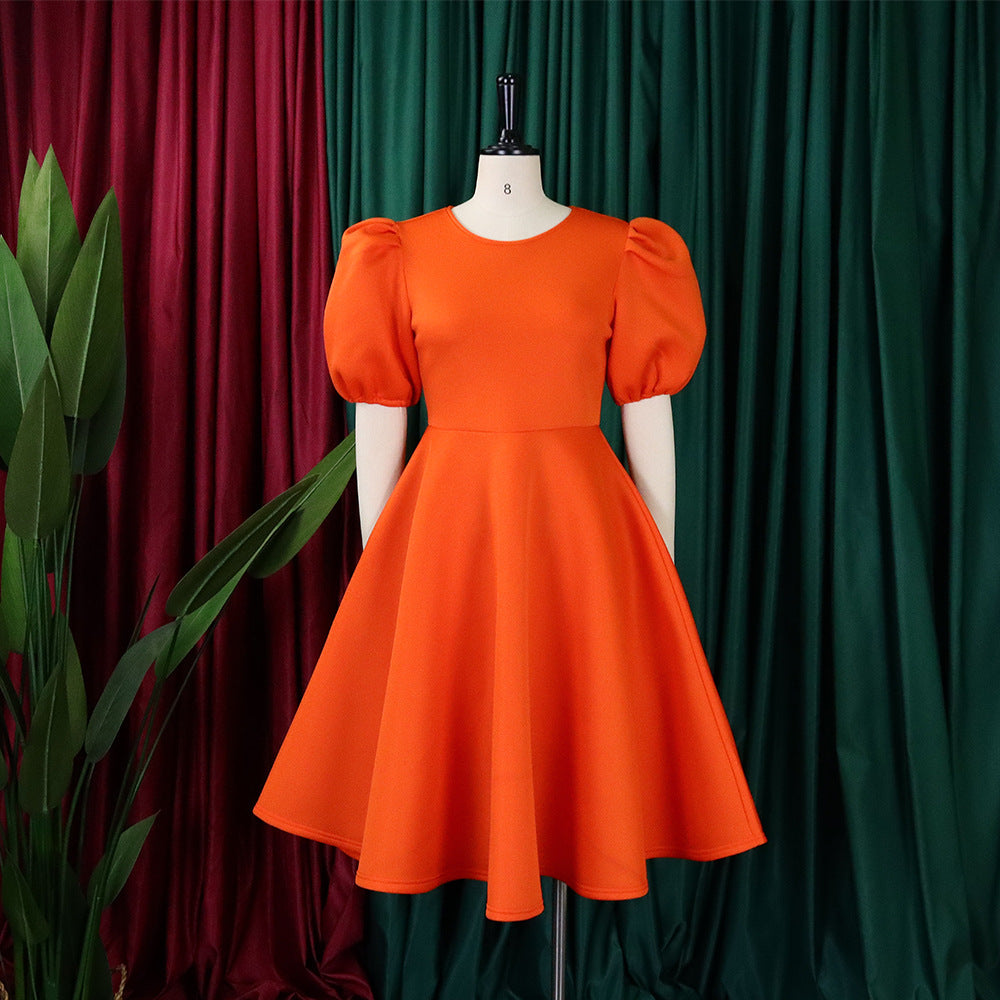 Retro Round Neck Chic Puff Sleeve Slim Waist A-Line Swing Party Dress 32