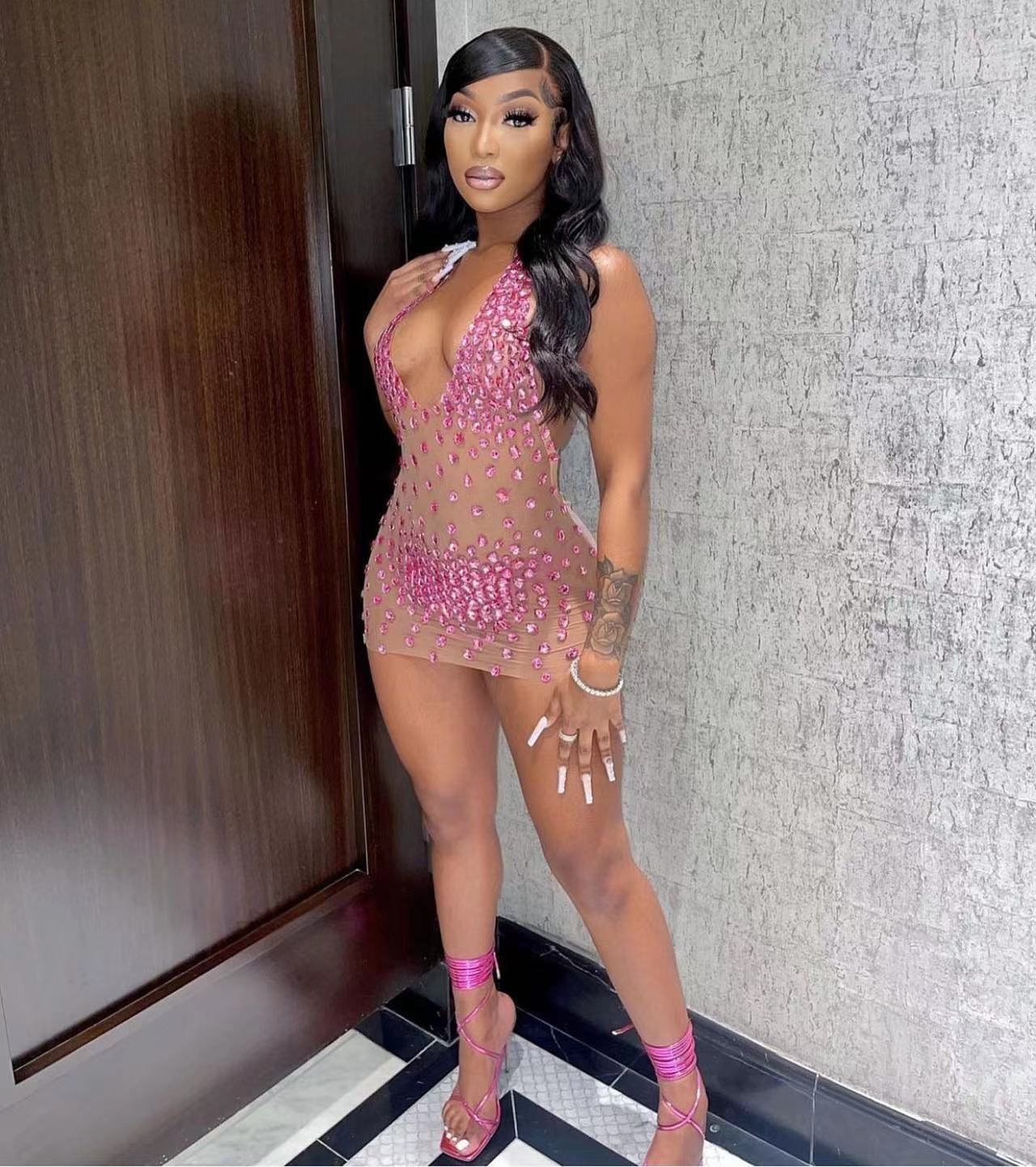 Summer Multi-Color Big Diamond Beaded Strap Halter Low Back Club Dress 4