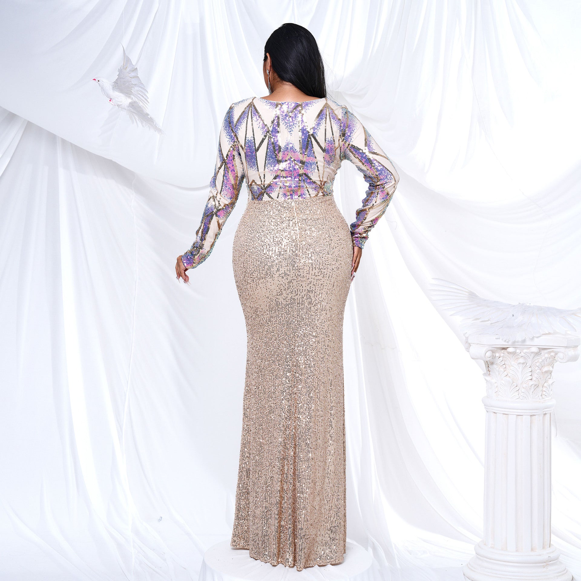 Plus Size Women Long Sleeve Round Neck Formal Party Sequined Fishtail Maxi Evening Dress 4