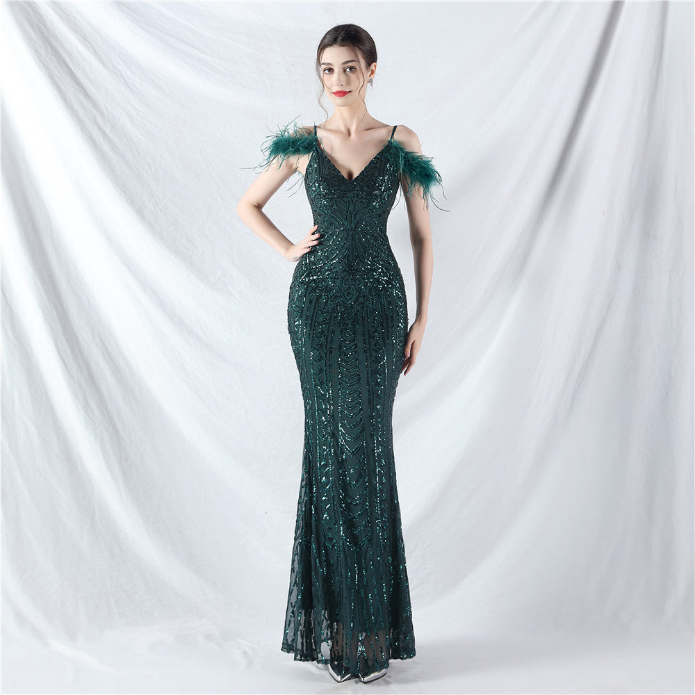 Strap V-Neck Feather Formal Party Evening Dress 7