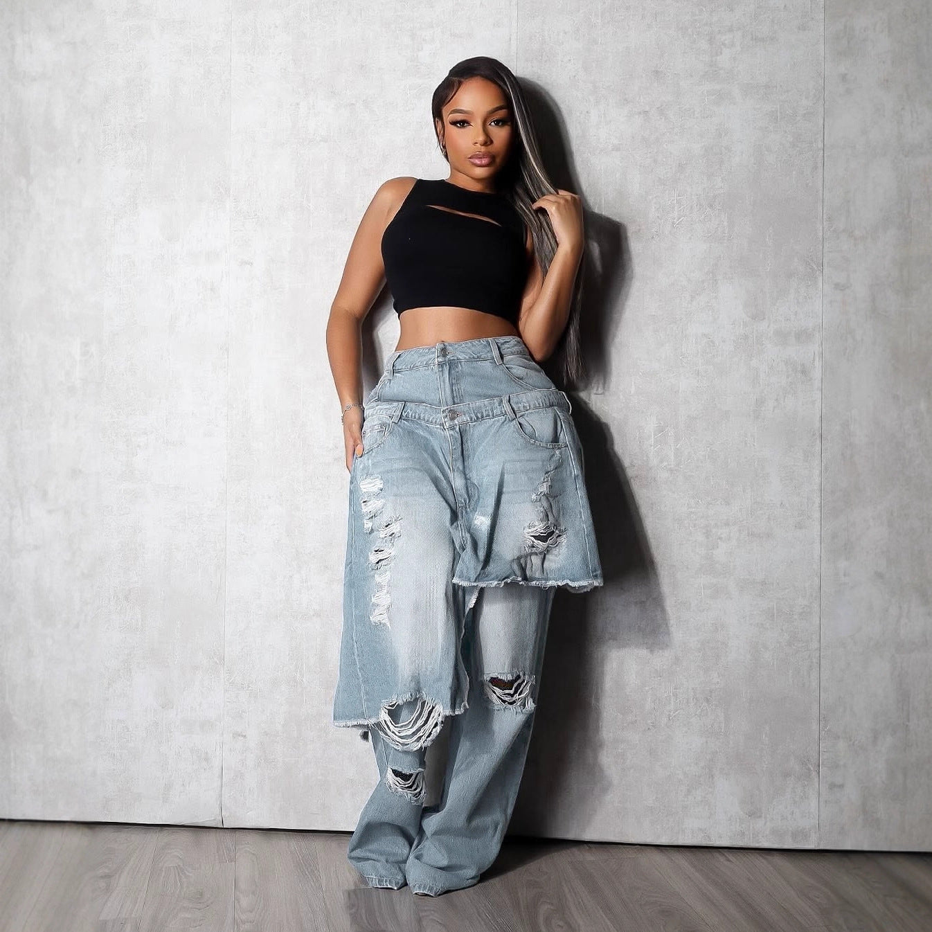 Autumn Winter Women's Fashion Denim Distressed Patchwork Destroyed Loose Straight Leg Pants 5