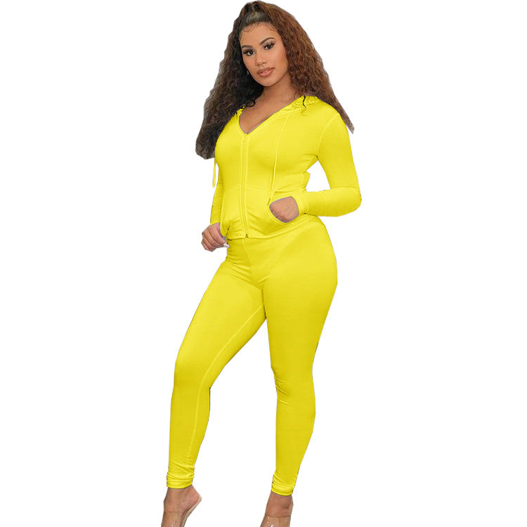 Women Casual Sports Running Fitness Zippered Hooded Top Long Pants Two-piece Set 11