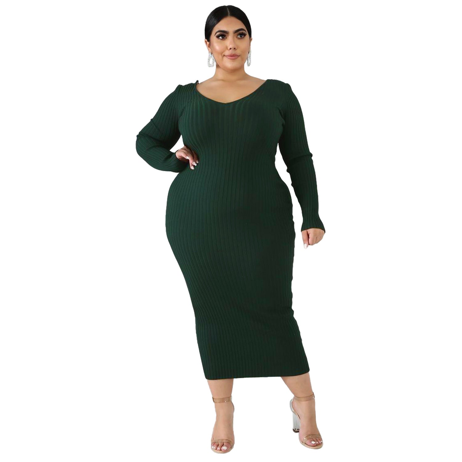 Women Autumn/Winter Solid Long Sleeve Knitting Maxi Dress 24
