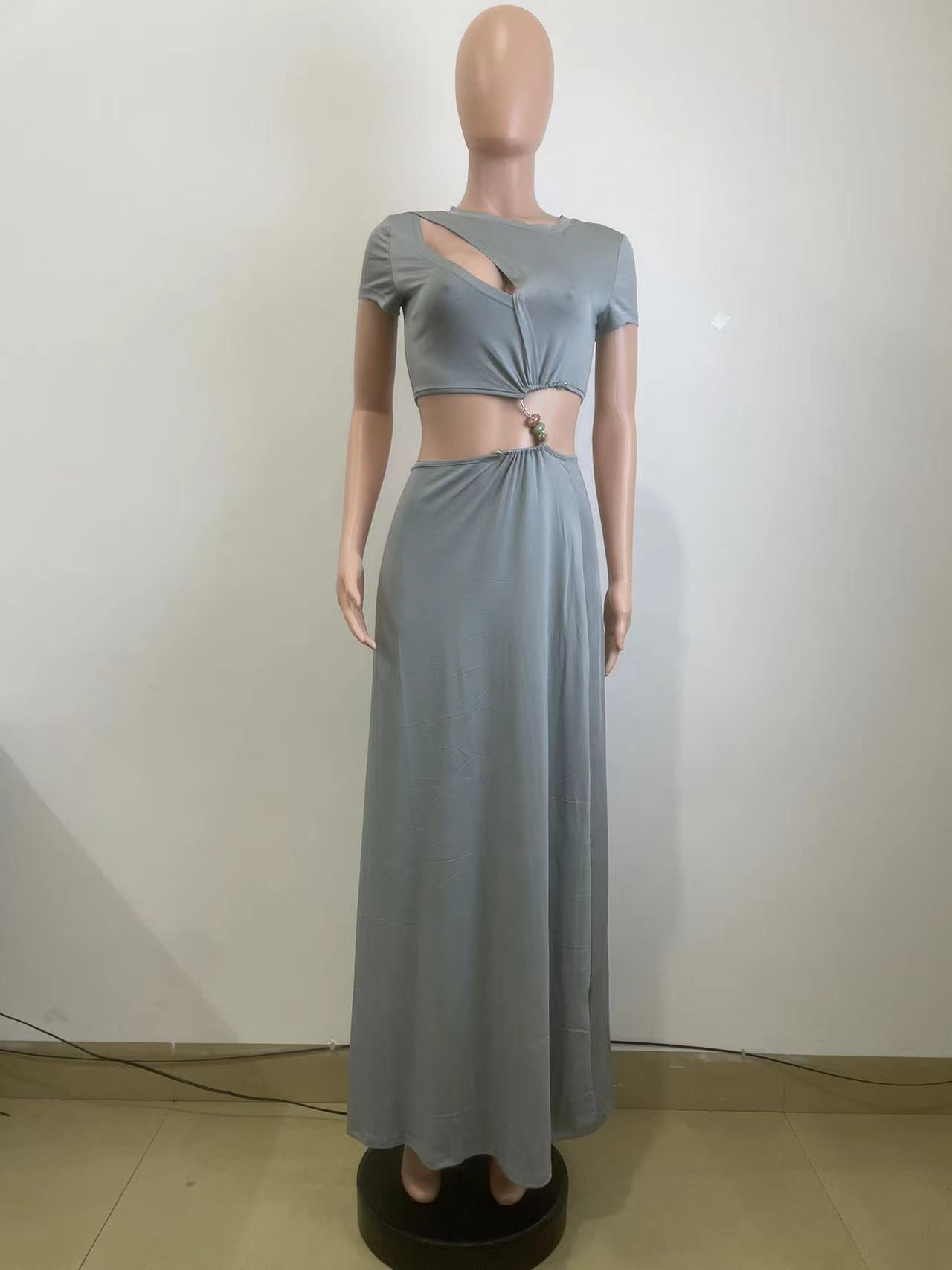 Women summer Cut Out beaded short sleeve Crop Top and Long Skirt two-piece set 7