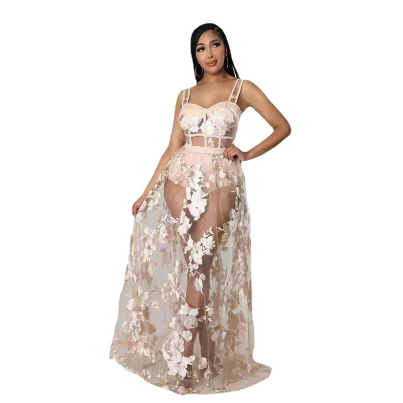 Women Solid Embroidered See-Through Non-Stretch Strap Dress