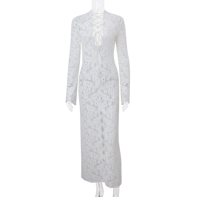 Autumn Sexy Lace Patchwork Fashion Street Slit Long Sleeve Dress 6