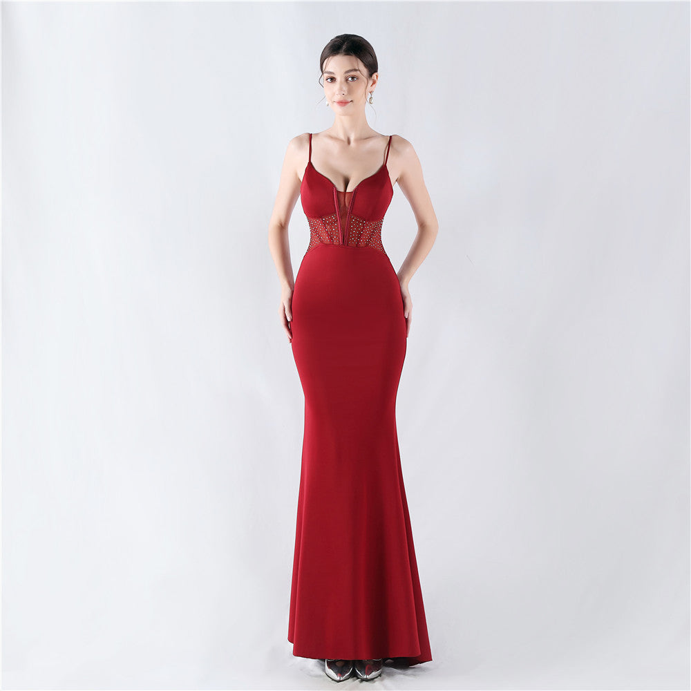 Women fishbone Fitted Mesh Beaded Bodycon fishtail evening dress 16