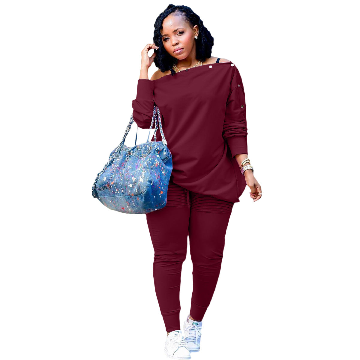 Autumn And Winter Women's Clothing Buttoned Off Shoulder Top Pants Casual Two-Piece Set 19