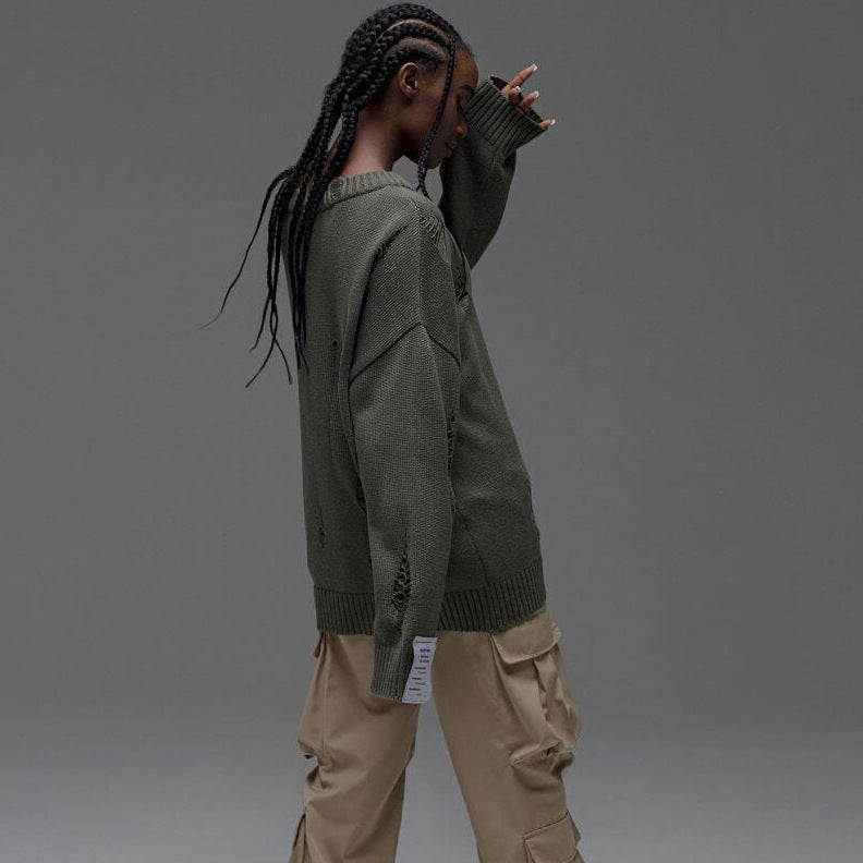 Women Casual Ripped Round Neck Loose Long Sleeve Sweater 12