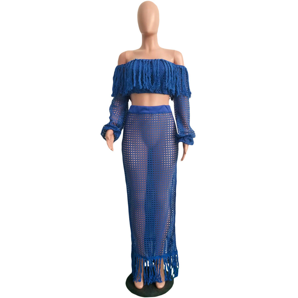 Summer Hollow Sexy Fashion Mesh Tassel See-Through Two-Piece Skirt Set 37