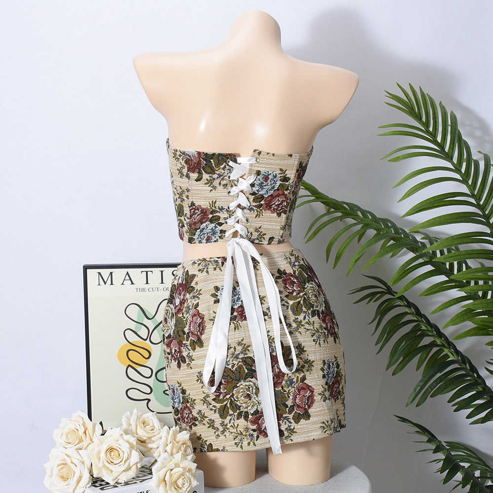 Summer Slim Contrast Low-Back Lace-Up Jacquard Skirt Set for Women 6