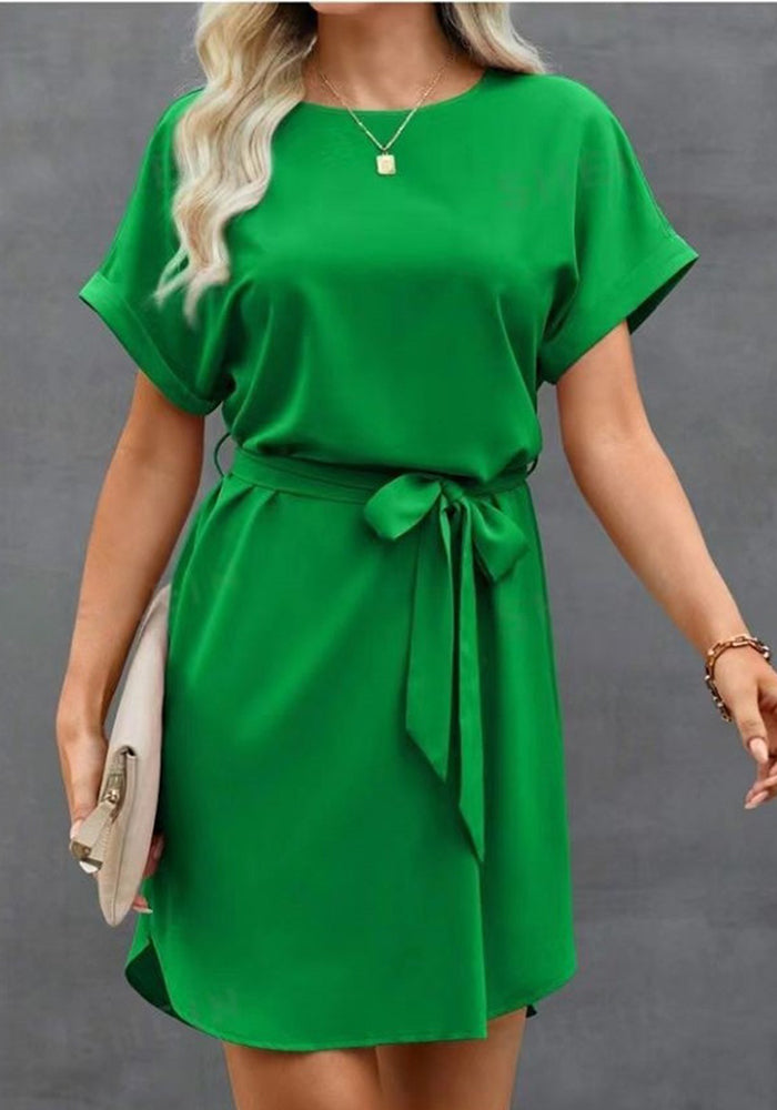 Women Lace-up Waist Short Sleeve Dress