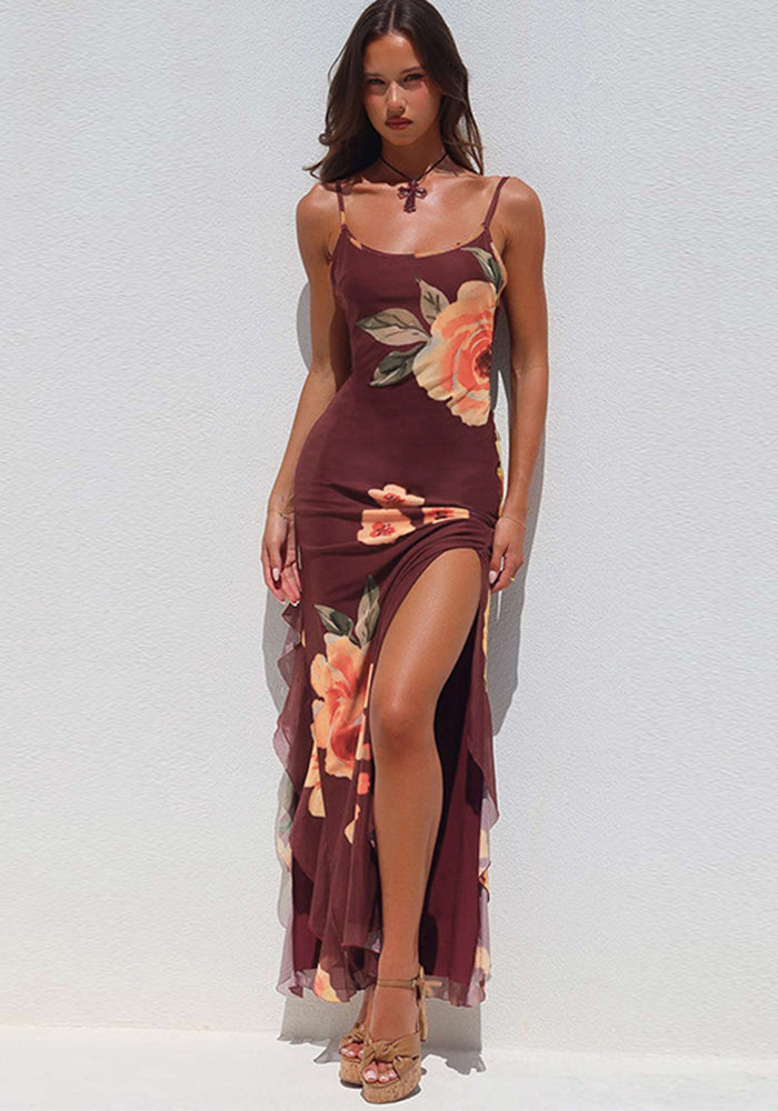 Summer Sexy Flower Mesh Strap Backless Slit Long Dress