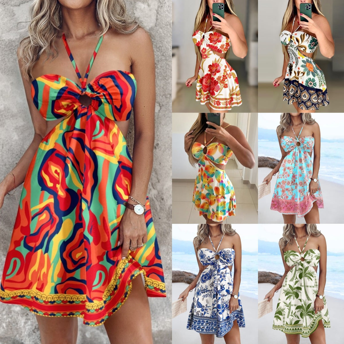 Summer print sexy Strapless Halter Neck hollow dress women's wear 16